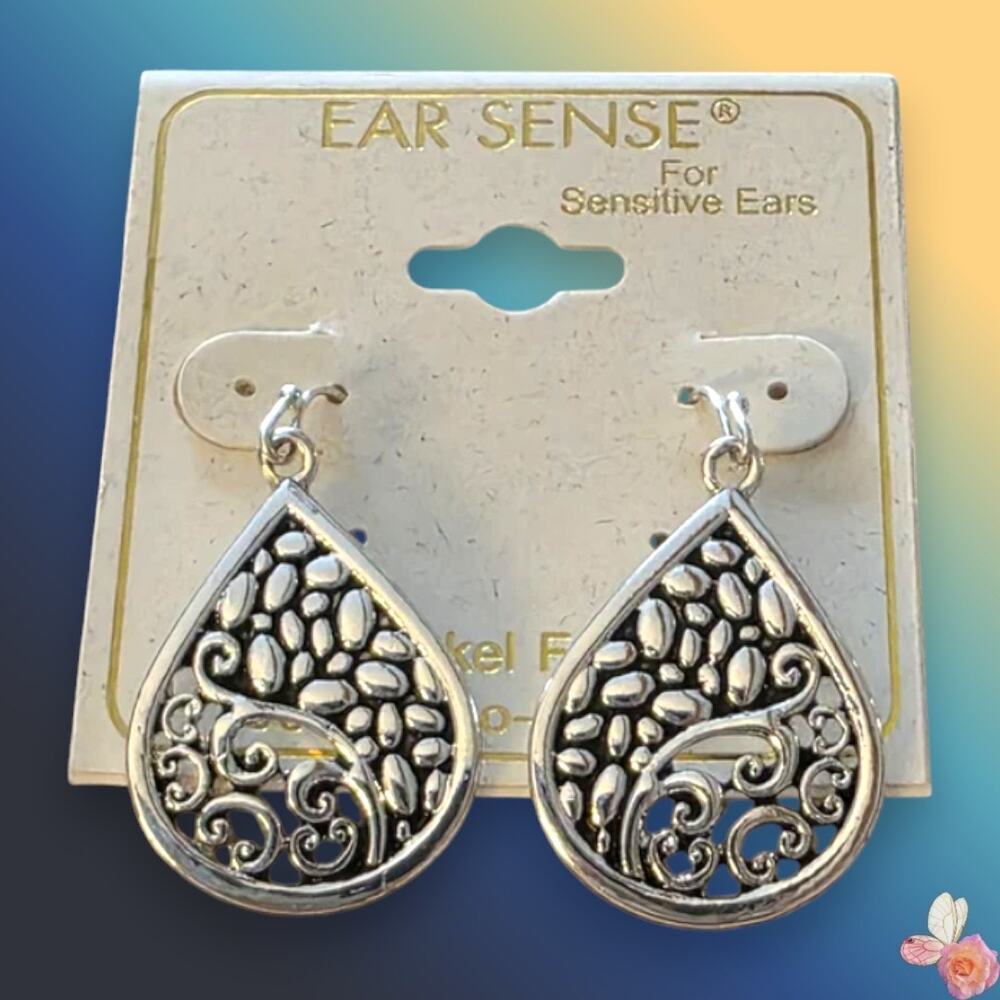 Ear Sense Filigree Teardrop Nickel-Free Dangle Earrings Silver Tone 190